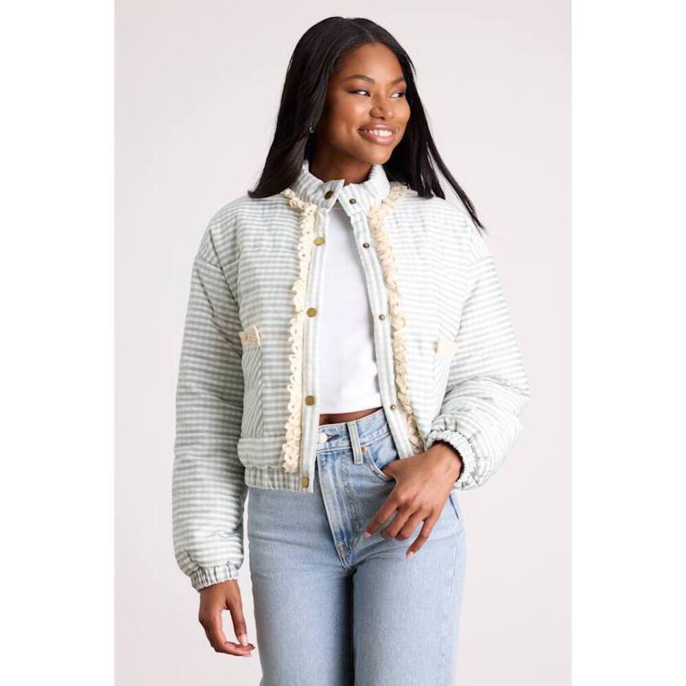Lulus Tamara Sage Gingham Ruffled Lace Puffer Jacket Green - Size S